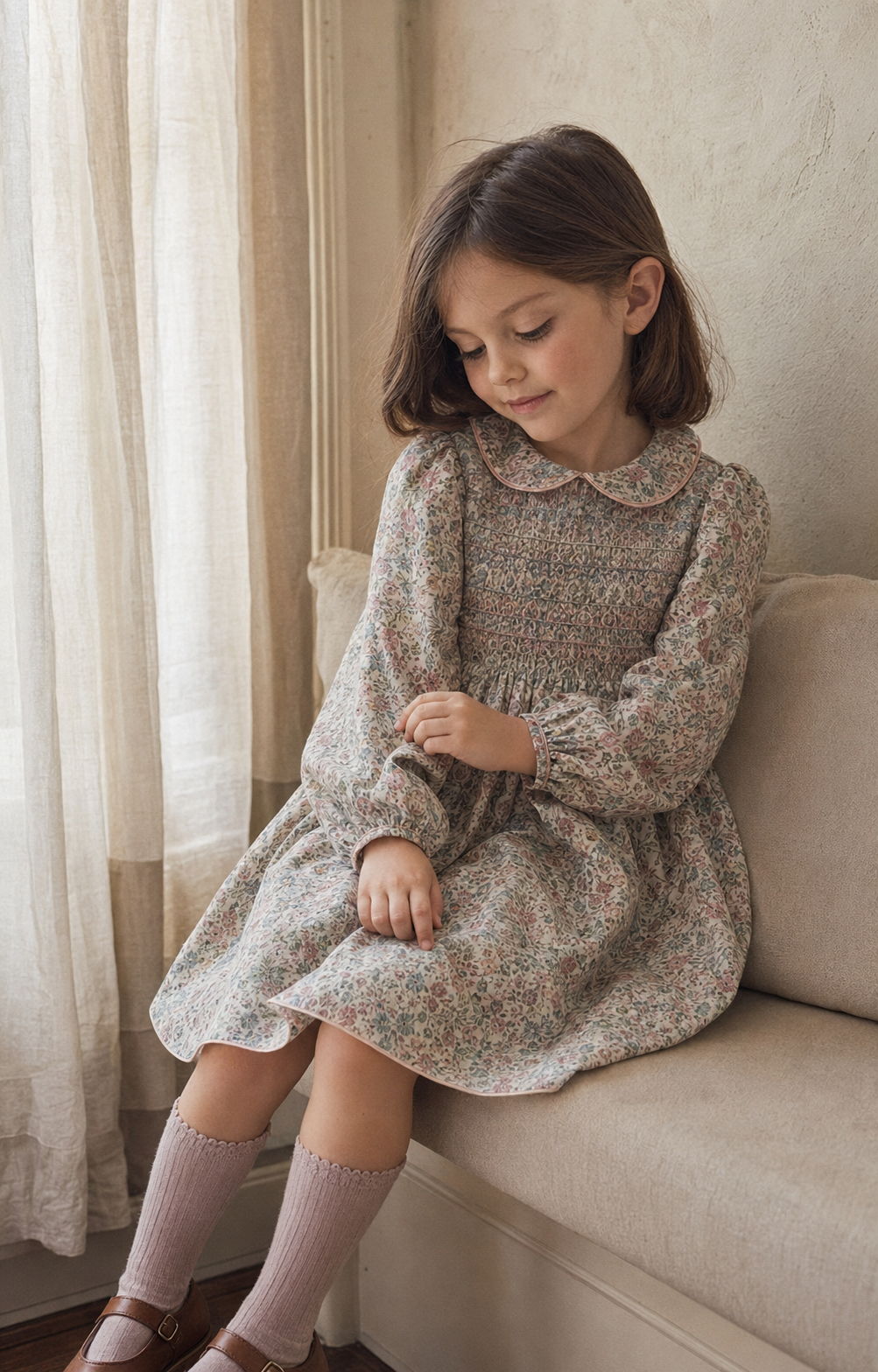 A child wearing a soft floral cotton smocked dress